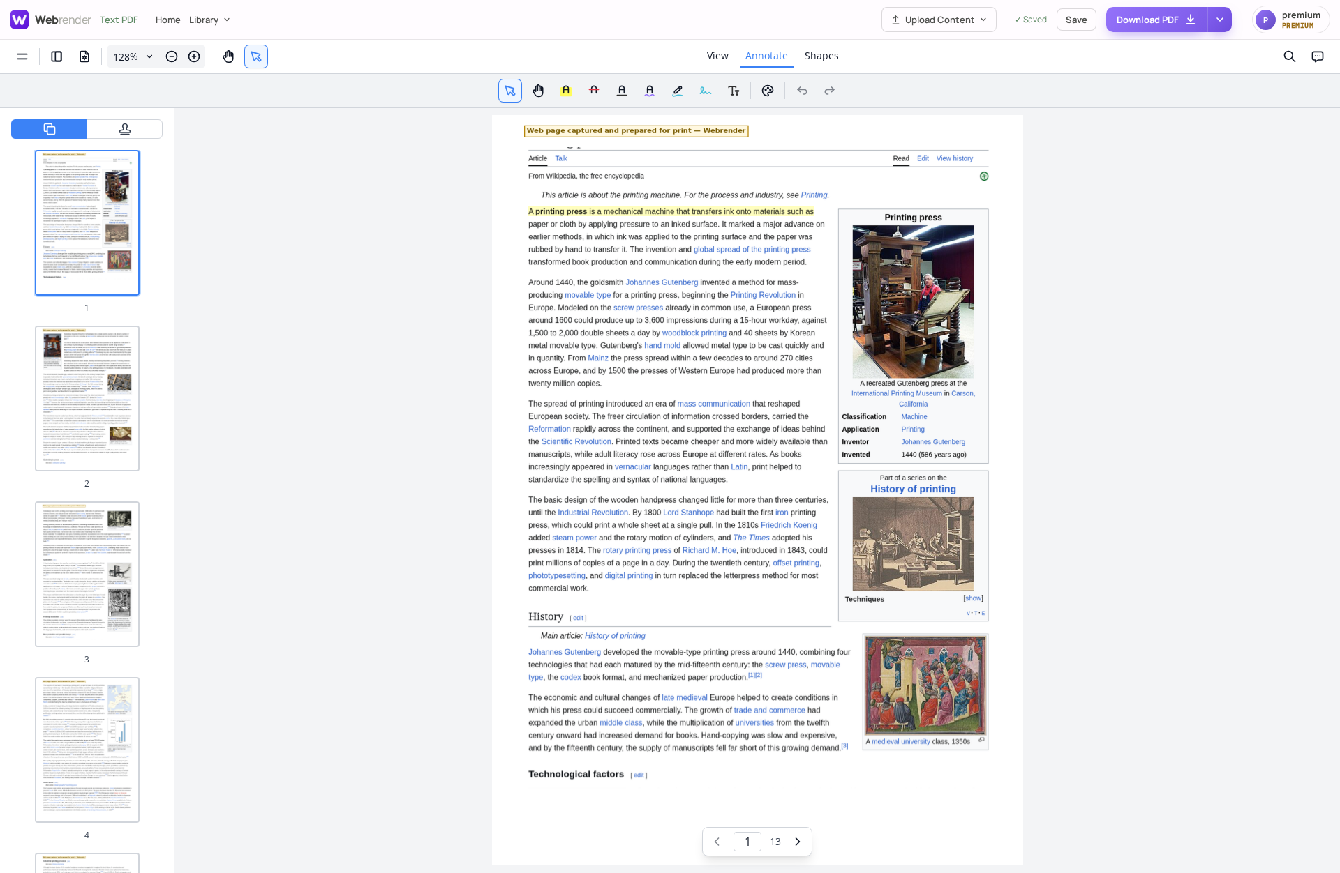 Webrender annotate surface — a captured page, marked up
